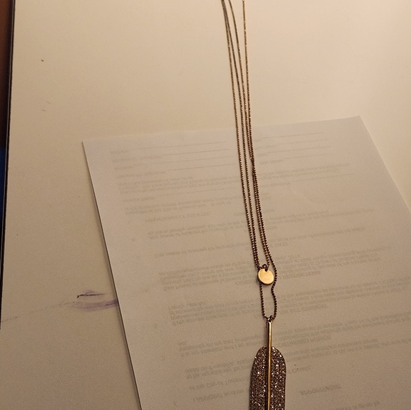 Gold-tone 32" long Crystal Feather Leaf Pendant - Picture 4 of 6